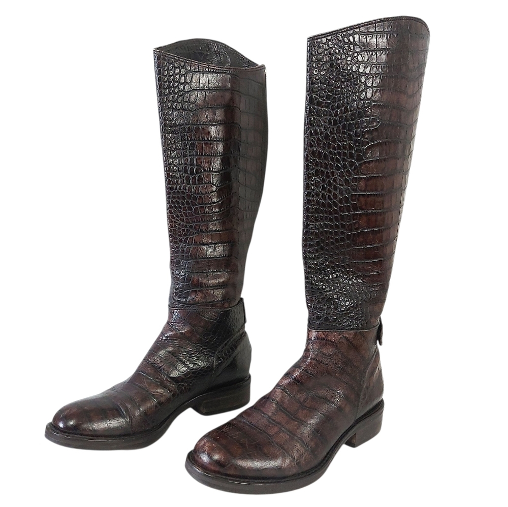 Ma & Lo Equestrian Horsegirl Crocodile Tall Riding Boots 38 EU Brown Leather